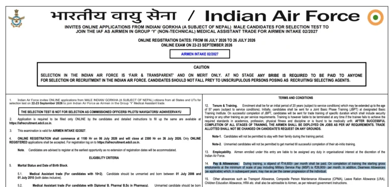 Indian Air Force Group Y Medical Assistant Intake 02/2027 Form
